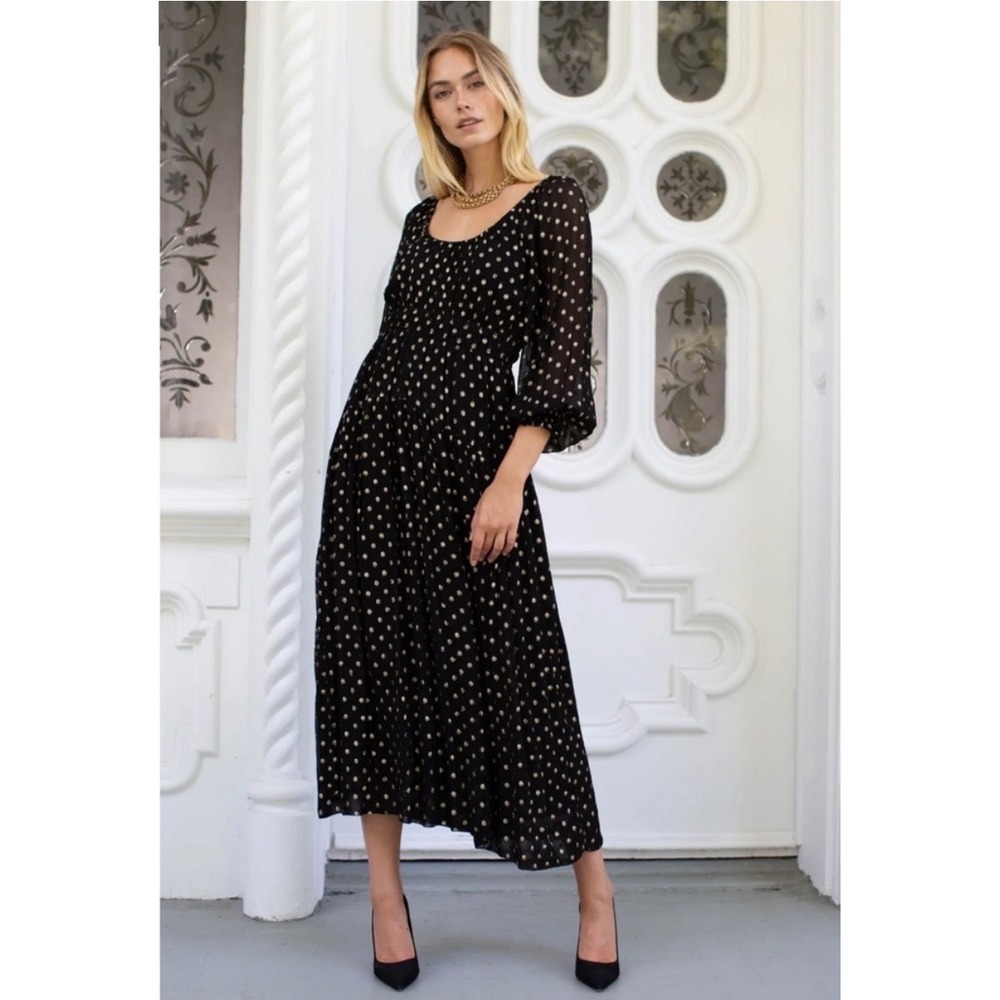 Marea by Liz Joy Abigail Black Gold Metallic Polka Dot Smocked Midi Dress XS
